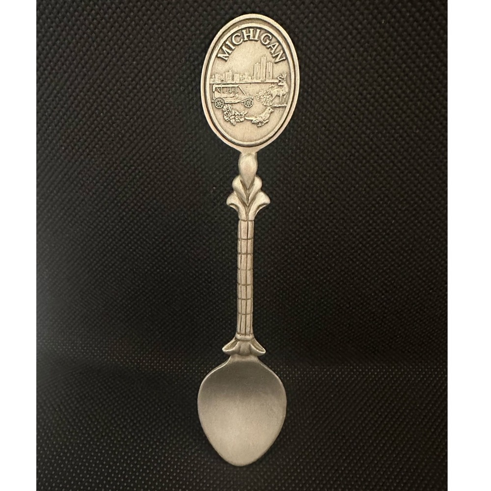 Vintage Fort Michigan Collector Spoon Pewter Automobile Souvenir Skyline Design
